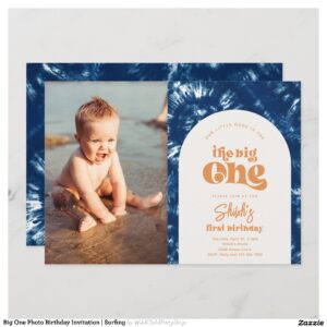 Big One Photo Birthday Invitation Surfing
