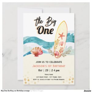 Big One Surfing 1st Birthday orange Invitation