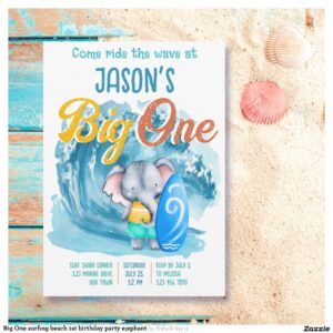 Big One surfing beach 1st birthday party e;ephant Invitation