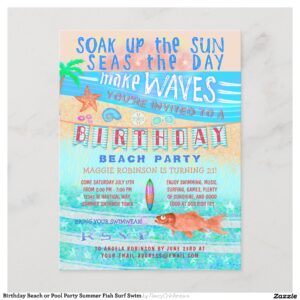 Birthday Beach or Pool Party Summer Fish Surf Swim Invitation Postcard