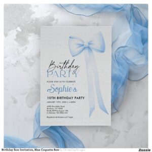 Birthday Bow Invitation, Blue Coquette Bow Invitation