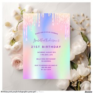Birthday pink purple holographic party girl invitation