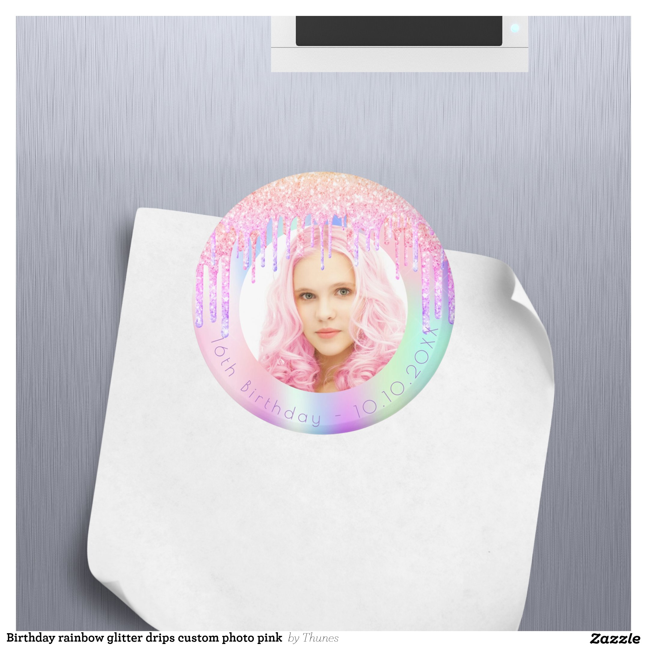 Birthday rainbow glitter drips custom photo pink magnet