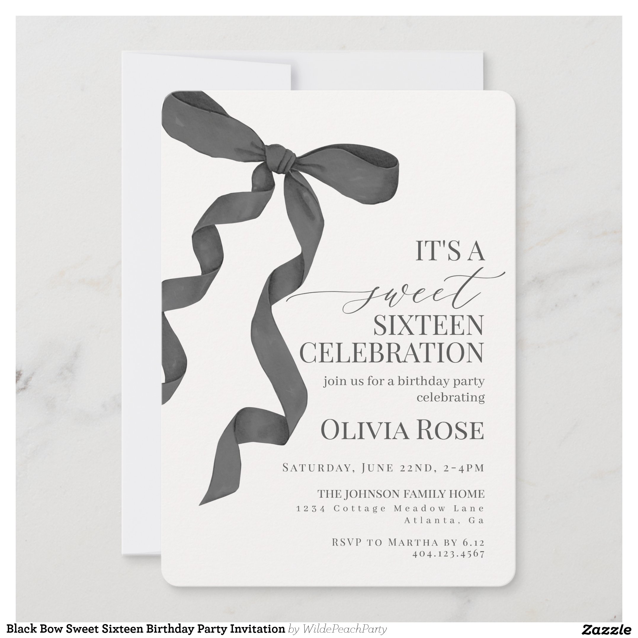 Black Bow Sweet Sixteen Birthday Party Invitation