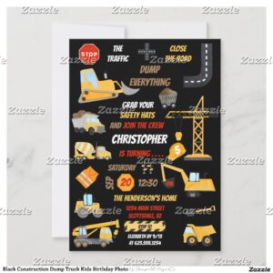 Black Construction Dump Truck Kids Birthday Photo Invitation