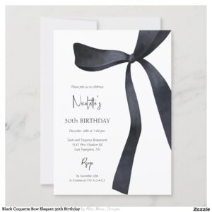 Black Coquette Bow Elegant 30th Birthday Invitation