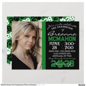 Black & Green Paw Graduation Photo Invitation