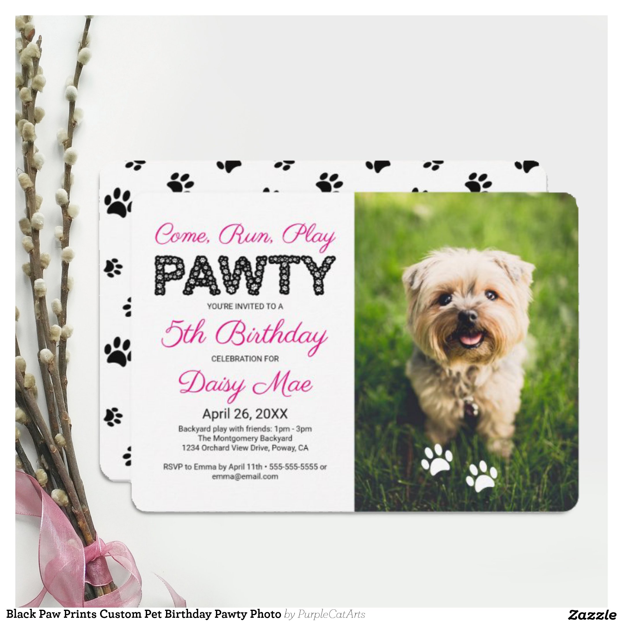 Black Paw Prints Custom Pet Birthday Pawty Photo Invitation