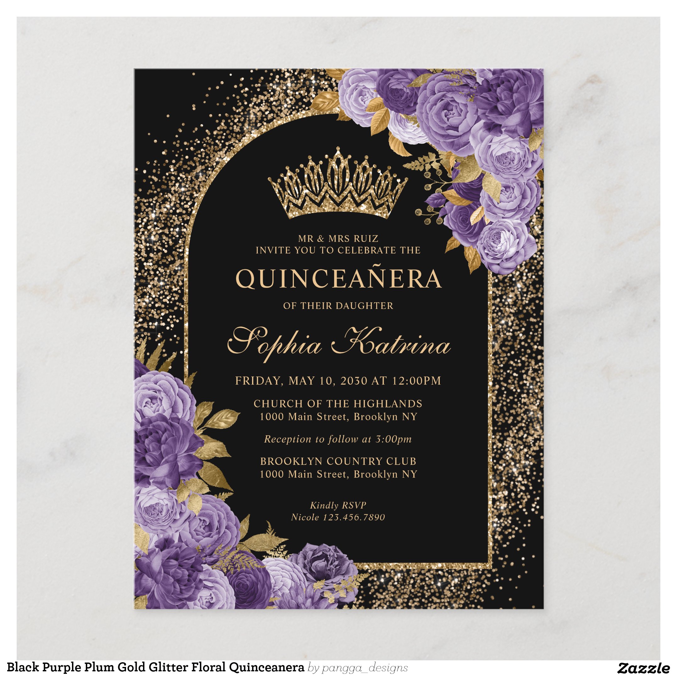 Black Purple Plum Gold Glitter Floral Quinceanera Invitation Postcard