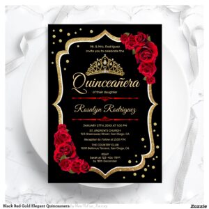 Black Red Gold Elegant Quinceanera Invitation