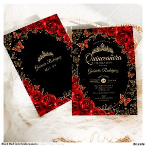 Black Red Gold Quinceanera Invitation