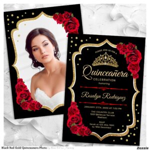 Black Red Gold Quinceanera Photo Invitation
