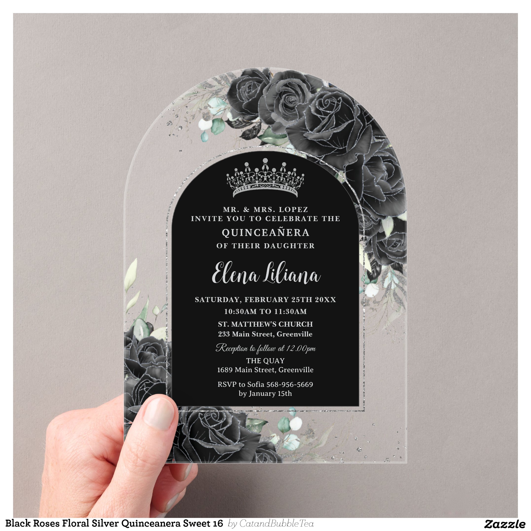 Black Roses Floral Silver Quinceanera Sweet 16 Acrylic Invitations