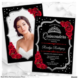 Black Silver Red Quinceanera Photo Invitation