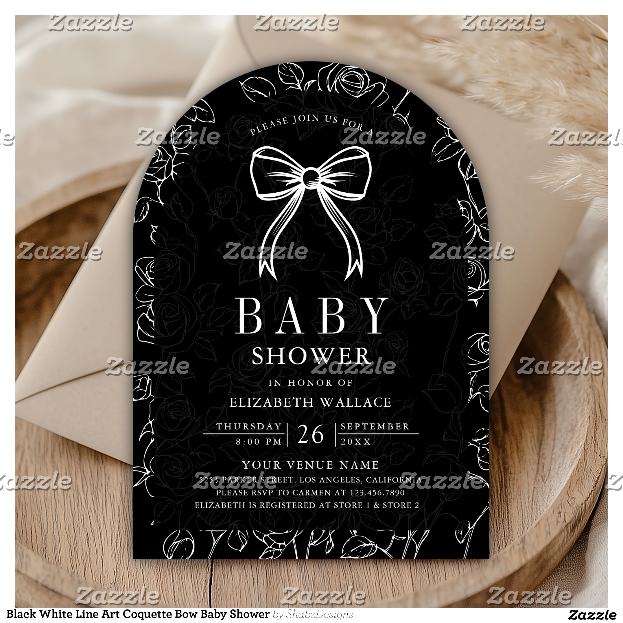 Black White Line Art Coquette Bow Baby Shower Invitation