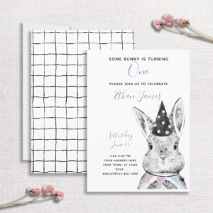 Black & White Neutral Some Bunny is One Birthday Invitation