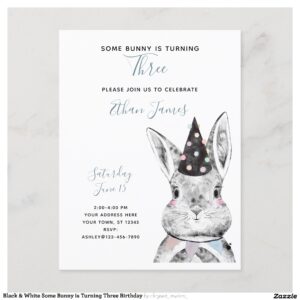 Black & White Some Bunny is Turning Three Birthday Invitation Postcard