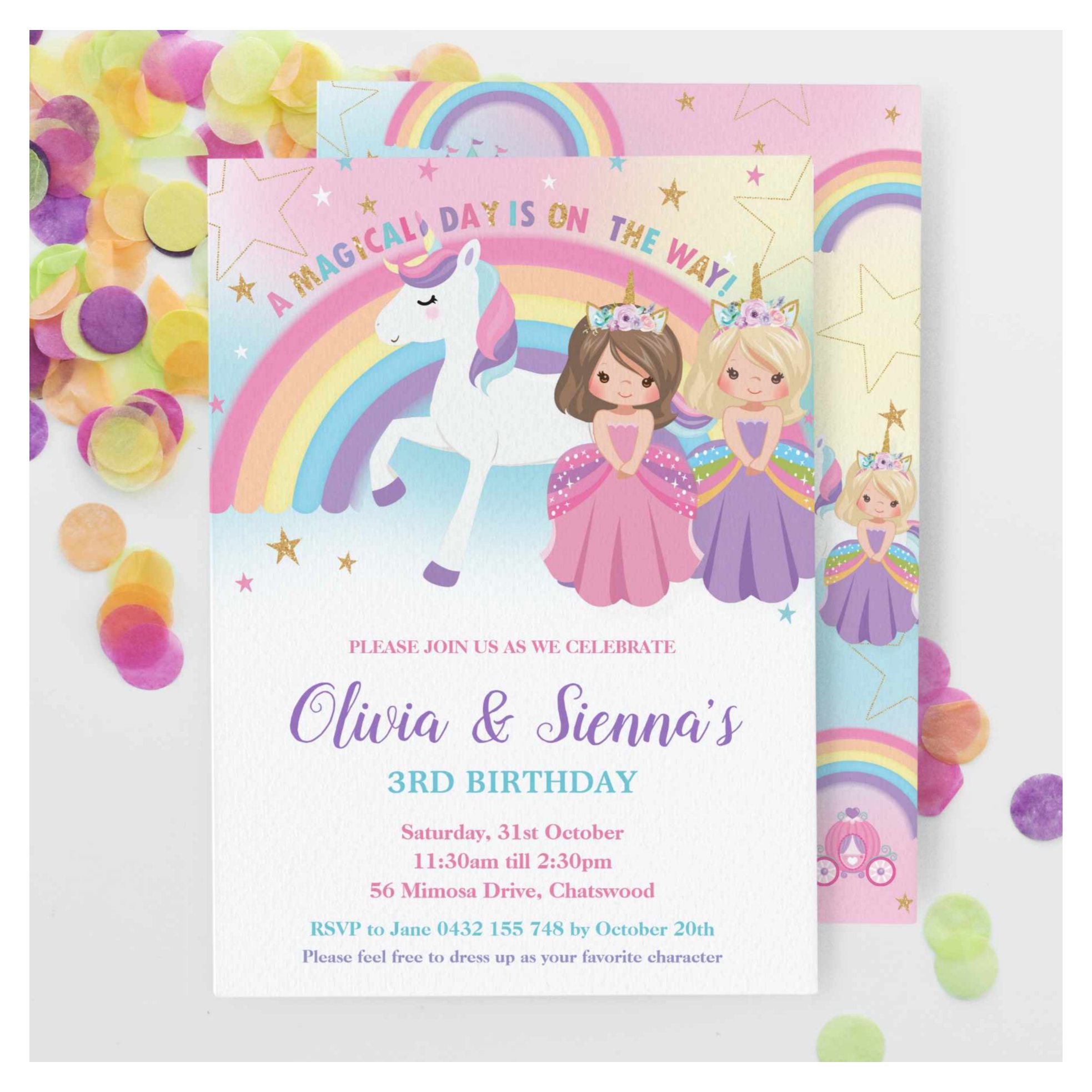 Blonde Brunette Twins Princesses Unicorn Birthday Invitation