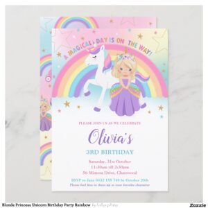 Blonde Princess Unicorn Birthday Party Rainbow Invitation