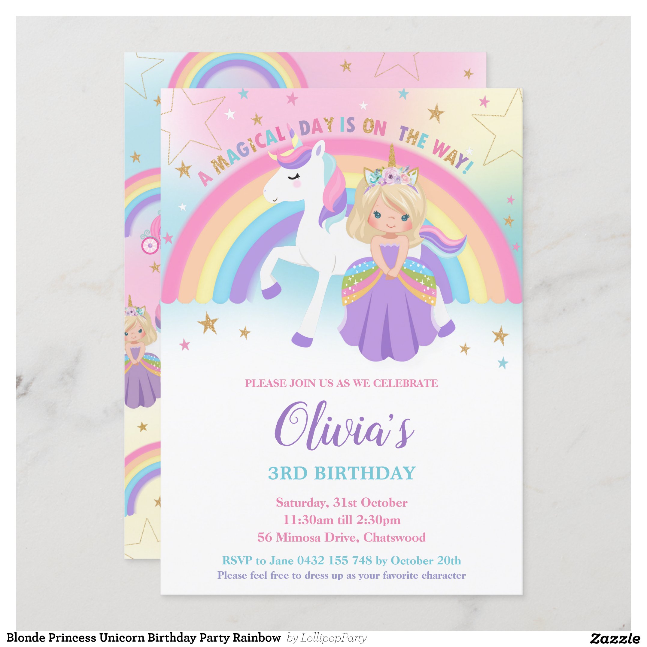 Blonde Princess Unicorn Birthday Party Rainbow Invitation