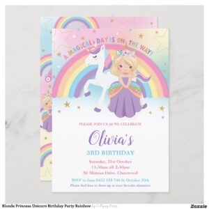 Blonde Princess Unicorn Birthday Party Rainbow Invitation