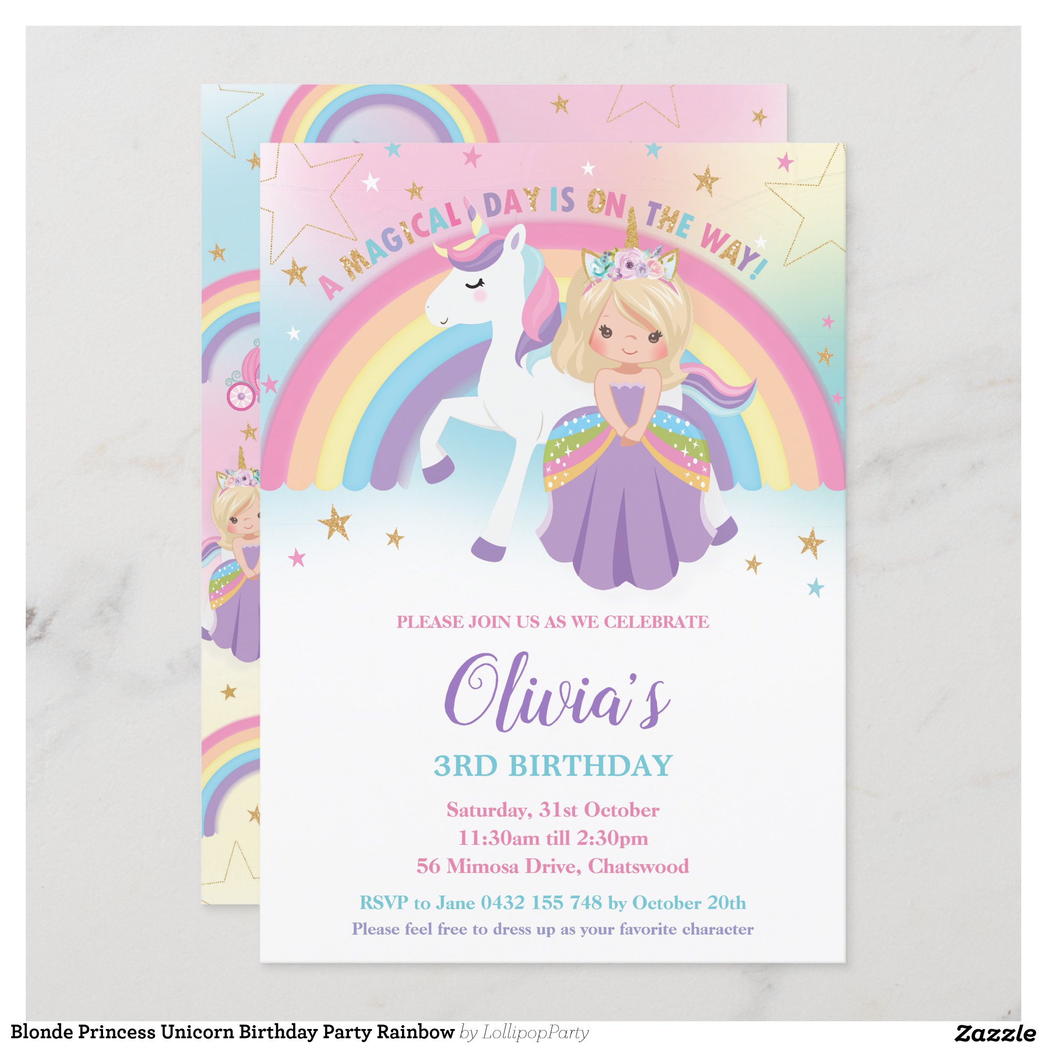 Blonde Princess Unicorn Birthday Party Rainbow Invitation