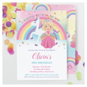 Blonde Princess Unicorn Birthday Pink Rainbow Invitation