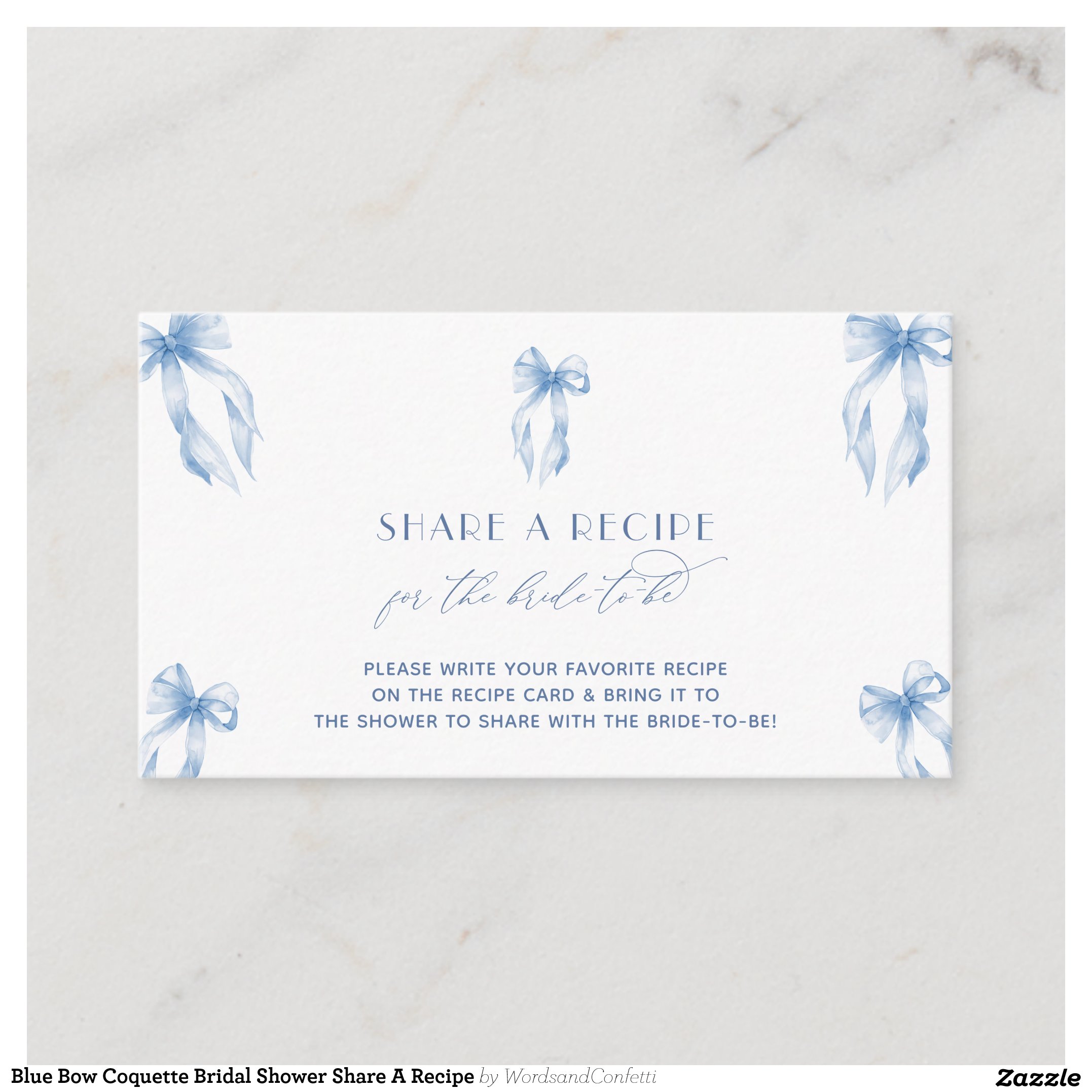 Blue Bow Coquette Bridal Shower Share A Recipe Enclosure Card