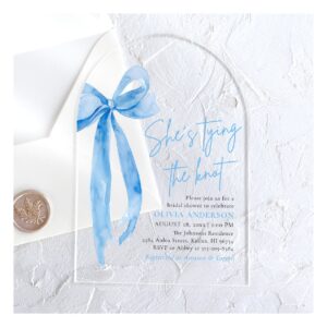Blue Bow She's Tying the Knot Bridal Shower Acrylic Invitations