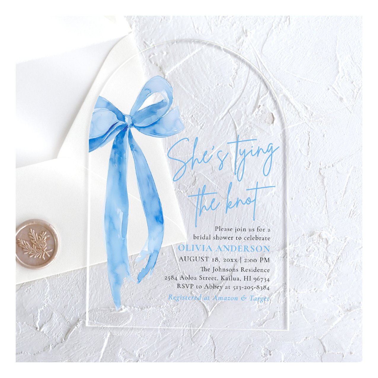 Blue Bow She's Tying the Knot Bridal Shower Acrylic Invitations