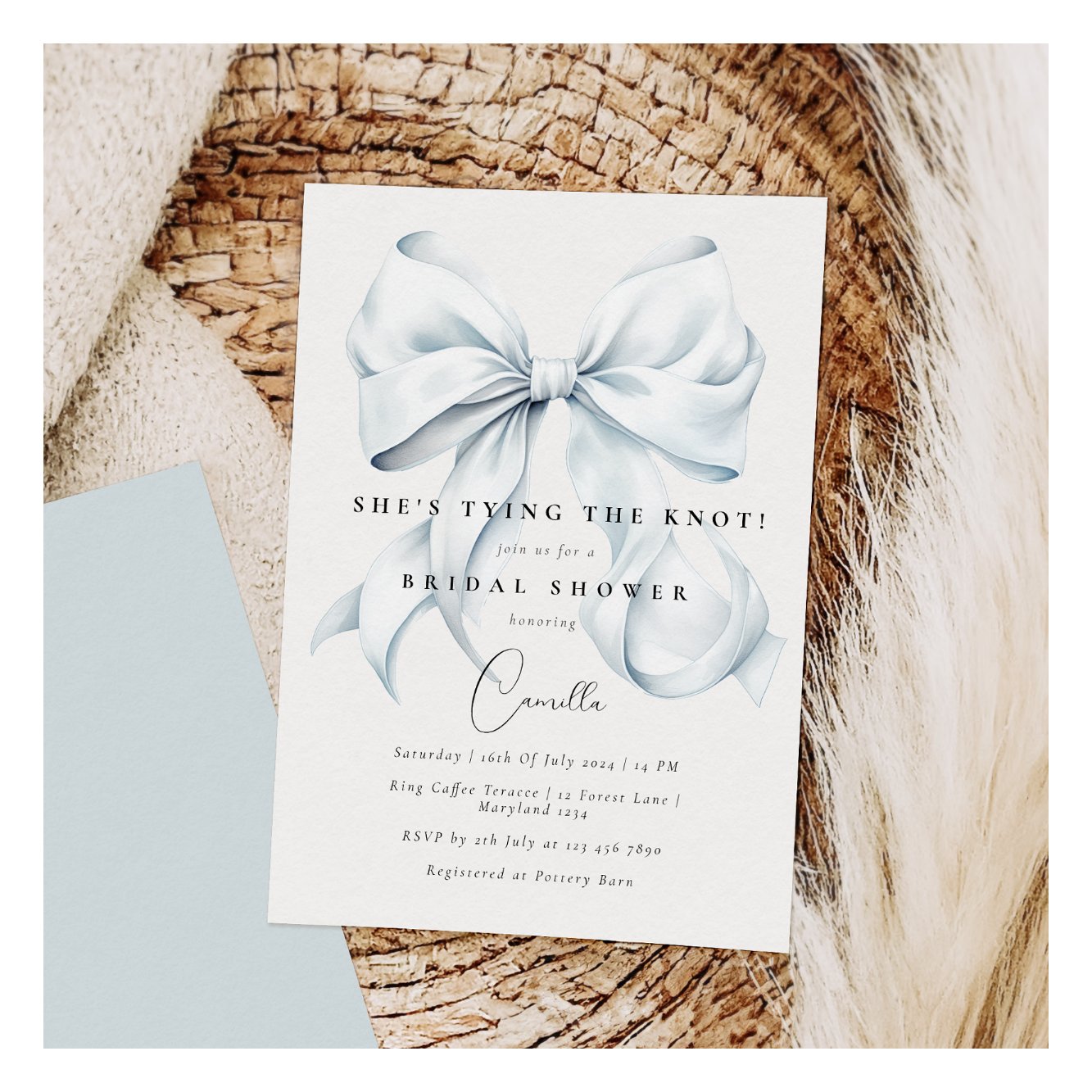 Blue Bow She's Tying the Knot Bridal Shower Invitation