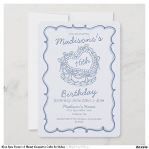 Blue Bow Sweet 16 Heart Coquette Cake Birthday Invitation
