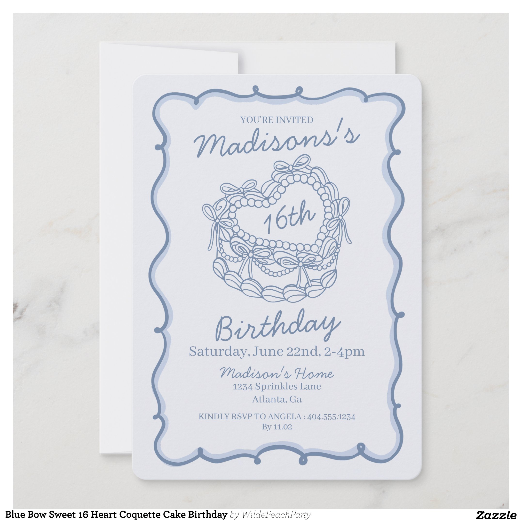 Blue Bow Sweet 16 Heart Coquette Cake Birthday Invitation