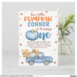 Blue Brown Orange Pumpkin Truck 1st Birthday Invitation