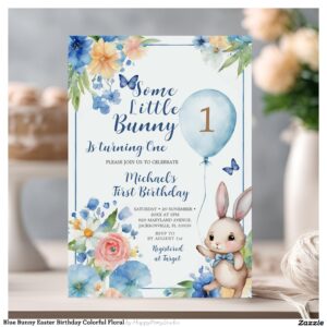 Blue Bunny Easter Birthday Colorful Floral Invitation