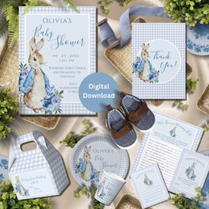 Blue Bunny Peter Rabbit Watercolor Baby Shower Invitation
