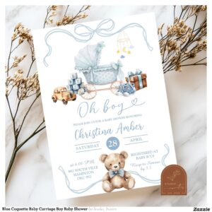 Blue Coquette Baby Carriage Boy Baby Shower Invitation