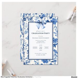 Blue Coquette Toile Bow Graduation Invitation