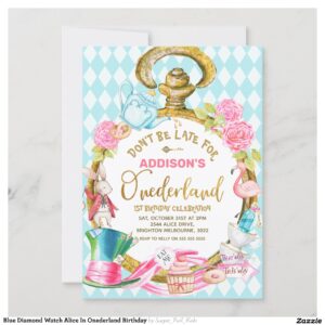 Blue Diamond Watch Alice In Onederland Birthday Invitation