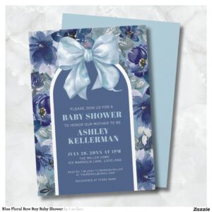 Blue Floral Bow Boy Baby Shower Invitation
