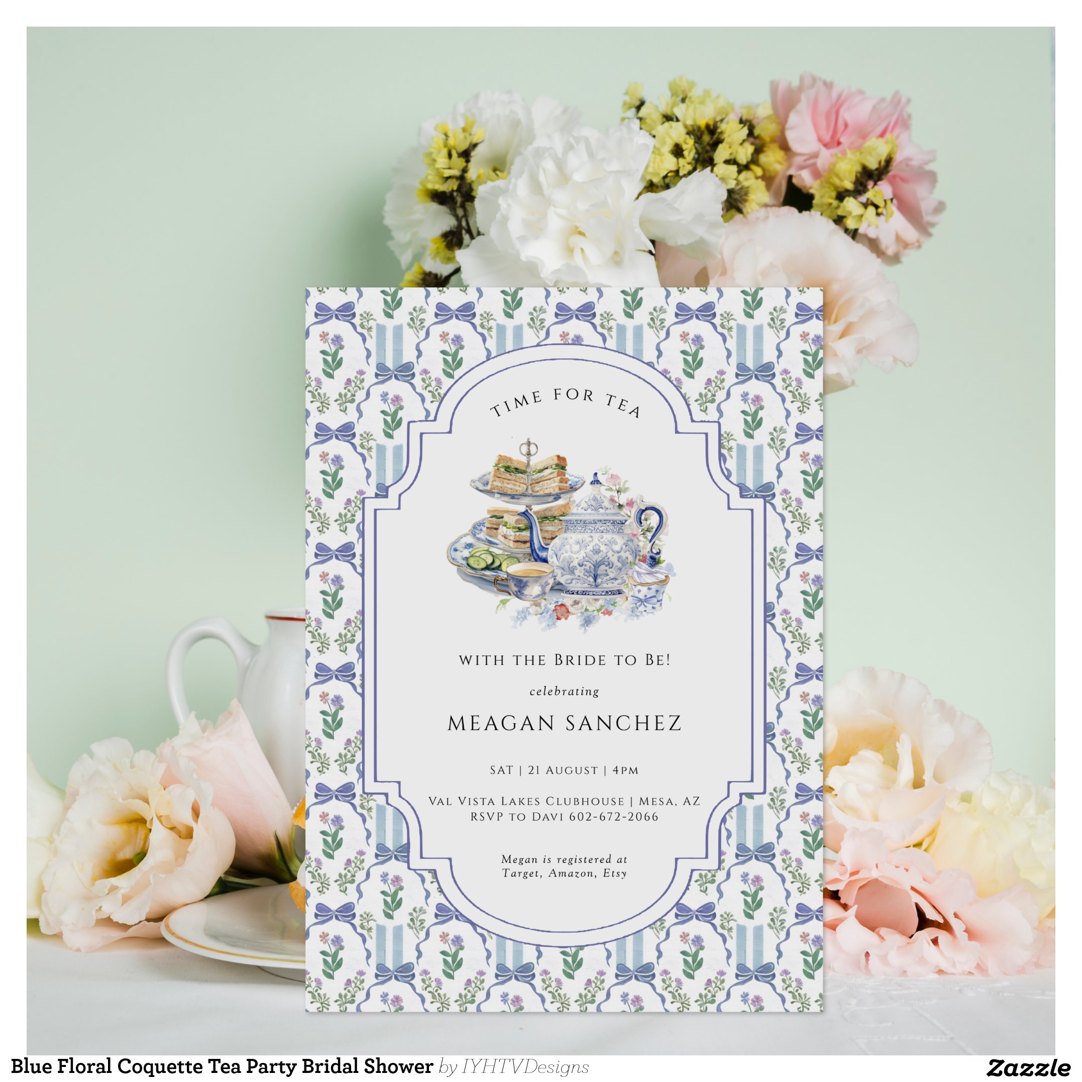 Blue Floral Coquette Tea Party Bridal Shower Invitation