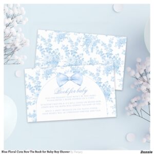 Blue Floral Cute Bow Tie Book for Baby Boy Shower Enclosure Card