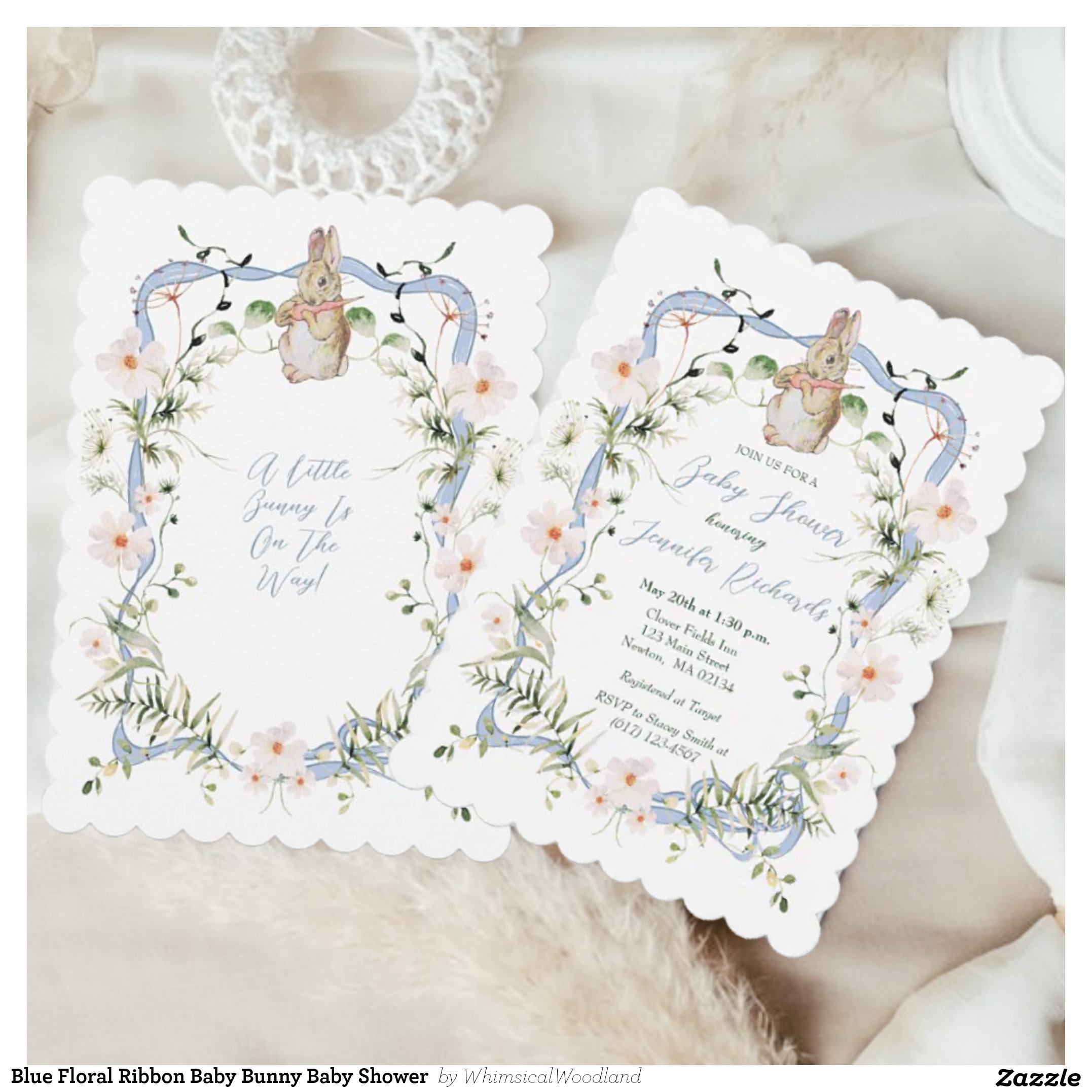 Blue Floral Ribbon Baby Bunny Baby Shower Invitation