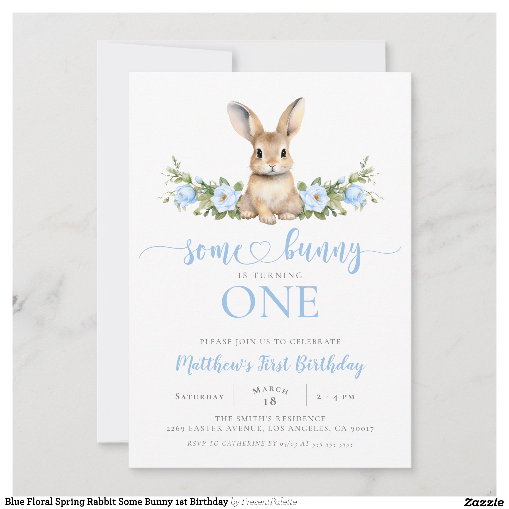 Blue Floral Spring Rabbit Some Bunny 1st Birthday Invitation