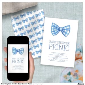 Blue Gingham Bow Tie Baby Shower Picnic Invitation