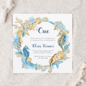 Blue & Gold Under the Sea Boy Birthday Square Invitation