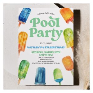 Blue Green Pool Party Popsicle Birthday Party Invitation