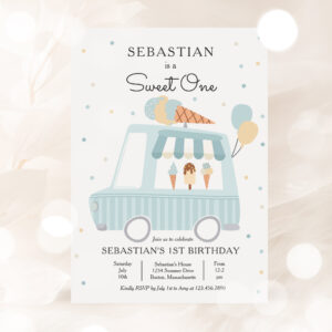 Blue Ice Cream Truck Sweet One 1st Birthday Party Invitation