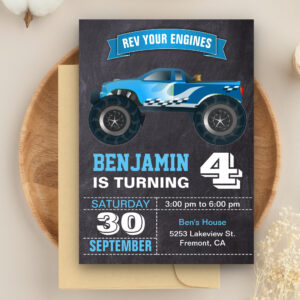 Blue Monster Truck Kids Birthday Party Invitation