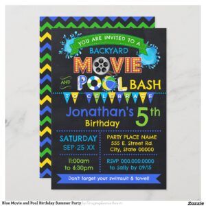 Blue Movie and Pool Birthday Summer Party Invitation